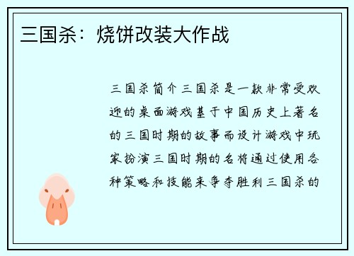 三国杀：烧饼改装大作战